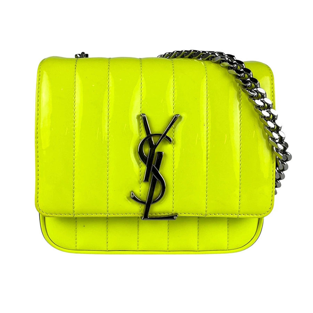 Saint Laurent Vicky Shoulder Bag Patent Vernis Leather Neon Yellow Silver